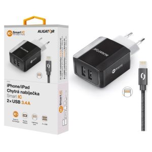 Încărcător de rețea inteligent ALIGATOR 3.4A, 2xUSB, smart IC, negru, cablu pentru iPhone/iPad 2A CHS0001