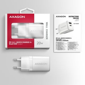 Incarcator de retea AXAGON ACU-PQ20W 20W, 2x porturi (USB-A + USB-C), PD3.0/PPS/QC4+/AFC/Apple, alb ACU-PQ20W