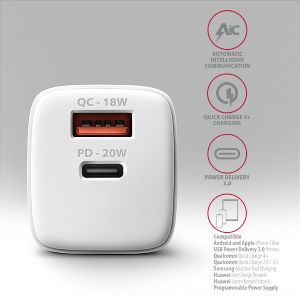 Incarcator de retea AXAGON ACU-PQ20W 20W, 2x porturi (USB-A + USB-C), PD3.0/PPS/QC4+/AFC/Apple, alb ACU-PQ20W