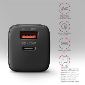 Incarcator de retea AXAGON ACU-PQ20 20W, 2x porturi (USB-A + USB-C), PD3.0/PPS/QC4+/AFC/Apple, negru ACU-PQ20