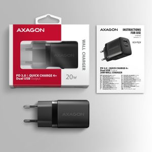 Incarcator de retea AXAGON ACU-PQ20 20W, 2x porturi (USB-A + USB-C), PD3.0/PPS/QC4+/AFC/Apple, negru ACU-PQ20