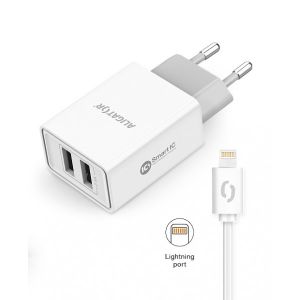 ALIGATOR Încărcător de rețea inteligent 2.4A, 2xUSB, smart IC, alb, cablu USB pentru iPhone/iPad CHA0036