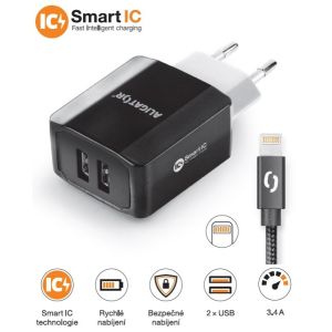 Încărcător de rețea inteligent ALIGATOR 3.4A, 2xUSB, smart IC, negru, cablu pentru iPhone/iPad 2A CHS0001