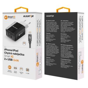 Încărcător de rețea inteligent ALIGATOR 3.4A, 2xUSB, smart IC, negru, cablu pentru iPhone/iPad 2A CHS0001