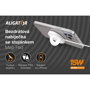 Încărcător fără fir ALIGATOR ALIGATOR Mag-Pad, conceput pentru MagSafe, 15W, alb AMS01WT