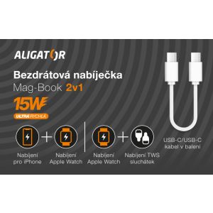 Încărcător fără fir ALIGATOR Mag-Book 2 în 1, conceput pentru încărcarea MagSafe și Apple Watch, 15W, alb AMS02WT