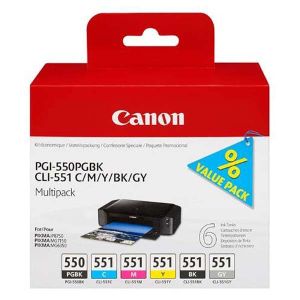 Cartuş Canon CLI-551 CMYK, PGI-550, CLI-551GY, 6-pack, multipack, original