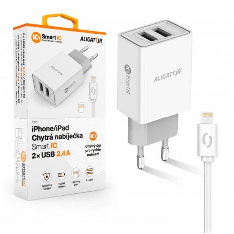 ALIGATOR Încărcător de rețea inteligent 2.4A, 2xUSB, smart IC, alb, cablu USB pentru iPhone/iPad CHA0036