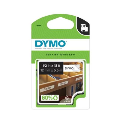 Bandă permanentă de vinil Dymo D1 12 mm alb/negru